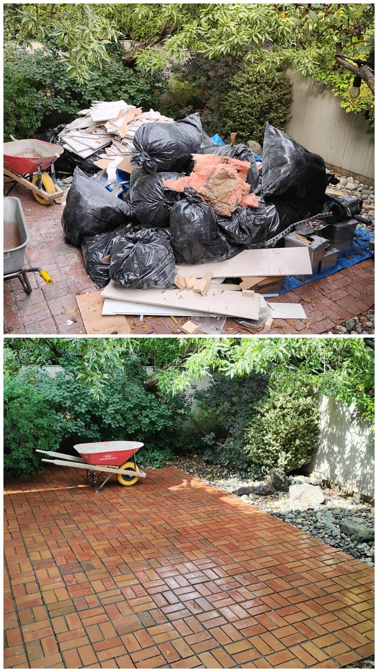 Brick patio covered in construction debris, then cleared and clean