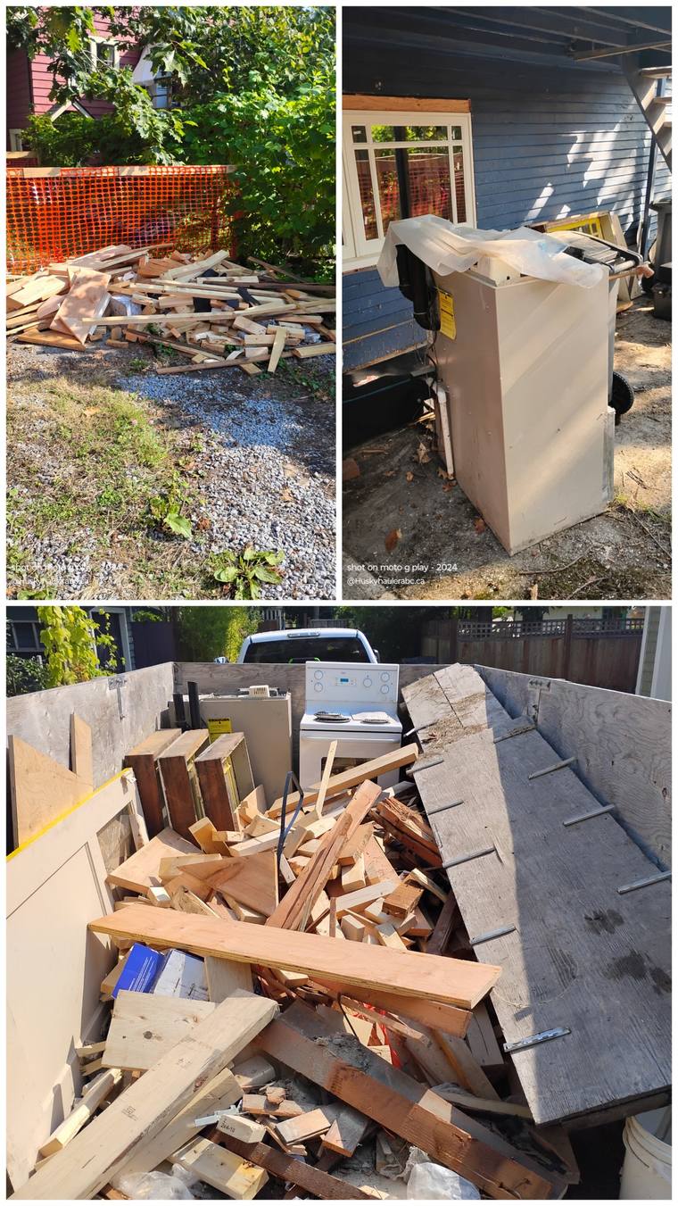 Lumber pile, old furnace and a full trailer of debris